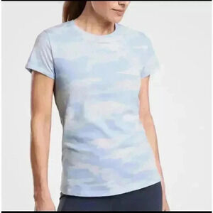 Athleta Stream Blue 100% Organic Cotton Daily Camo Crew Semi-Fitted T-Shirt